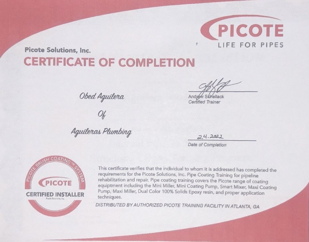 Certificado Picote Solutions de Obed Aguilera, Aguileras Plumbing
